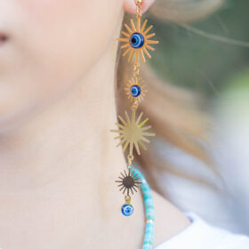 Aretes Largos Sol Radiante & Ojo Turco Gold: Fuerza Solar, Fluidez y Protección